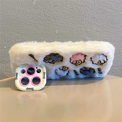 ShopCaseCart KJS-007 For iPhone 15 Pro Max Case Embroidered Sheeps Lens Kickstand TPU Plush Furry Phone Cover