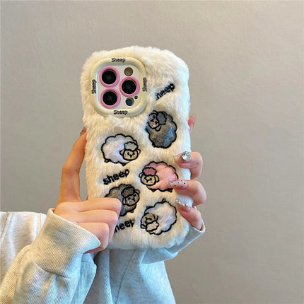 ShopCaseCart KJS-007 For iPhone 15 Pro Max Case Embroidered Sheeps Lens Kickstand TPU Plush Furry Phone Cover
