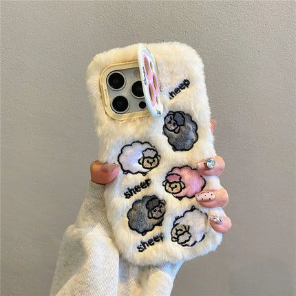 ShopCaseCart KJS-007 For iPhone 15 Pro Max Case Embroidered Sheeps Lens Kickstand TPU Plush Furry Phone Cover