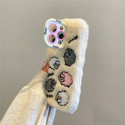 ShopCaseCart KJS-007 For iPhone 15 Pro Max Case Embroidered Sheeps Lens Kickstand TPU Plush Furry Phone Cover