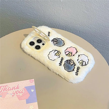 ShopCaseCart KJS-007 For iPhone 15 Pro Max Case Embroidered Sheeps Lens Kickstand TPU Plush Furry Phone Cover
