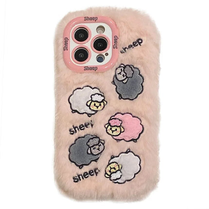 KJS-007 For iPhone 15 Pro Max Case Embroidered Sheeps Lens Kickstand TPU Plush Furry Phone Cover - Pink
