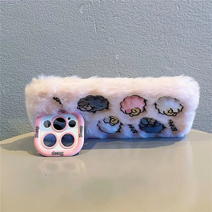 ShopCaseCart KJS-007 For iPhone 15 Pro Max Case Embroidered Sheeps Lens Kickstand TPU Plush Furry Phone Cover