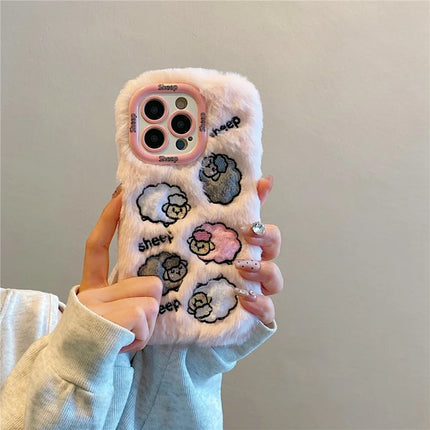 ShopCaseCart KJS-007 For iPhone 15 Pro Max Case Embroidered Sheeps Lens Kickstand TPU Plush Furry Phone Cover