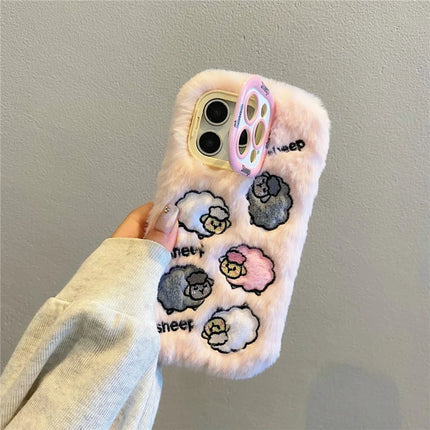 ShopCaseCart KJS-007 For iPhone 15 Pro Max Case Embroidered Sheeps Lens Kickstand TPU Plush Furry Phone Cover