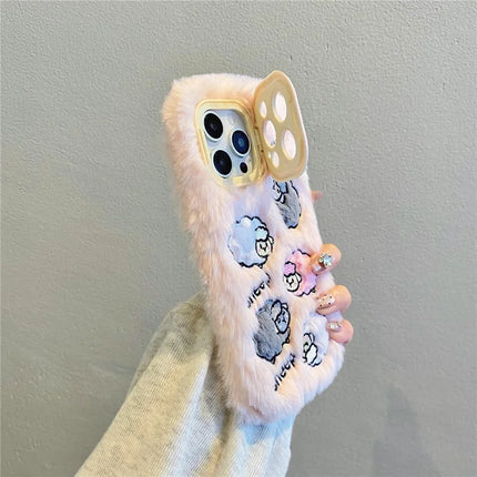 ShopCaseCart KJS-007 For iPhone 15 Pro Max Case Embroidered Sheeps Lens Kickstand TPU Plush Furry Phone Cover
