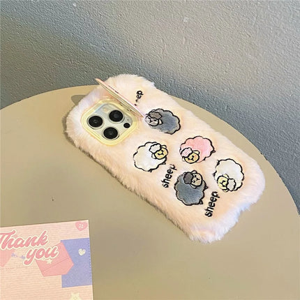ShopCaseCart KJS-007 For iPhone 15 Pro Max Case Embroidered Sheeps Lens Kickstand TPU Plush Furry Phone Cover