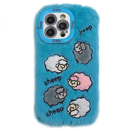 KJS-007 For iPhone 15 Pro Max Case Embroidered Sheeps Lens Kickstand TPU Plush Furry Phone Cover - Blue