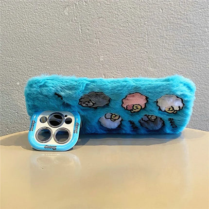 ShopCaseCart KJS-007 For iPhone 15 Pro Max Case Embroidered Sheeps Lens Kickstand TPU Plush Furry Phone Cover
