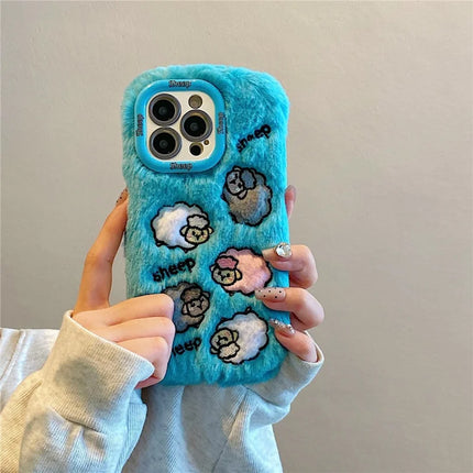 ShopCaseCart KJS-007 For iPhone 15 Pro Max Case Embroidered Sheeps Lens Kickstand TPU Plush Furry Phone Cover