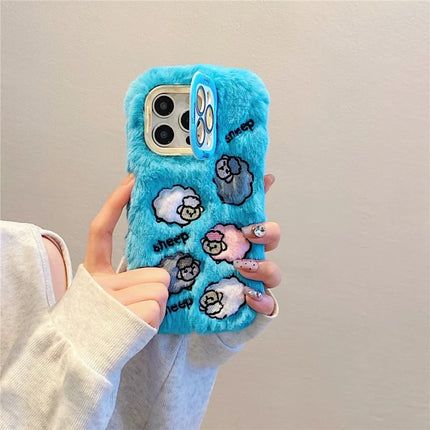 ShopCaseCart KJS-007 For iPhone 15 Pro Max Case Embroidered Sheeps Lens Kickstand TPU Plush Furry Phone Cover