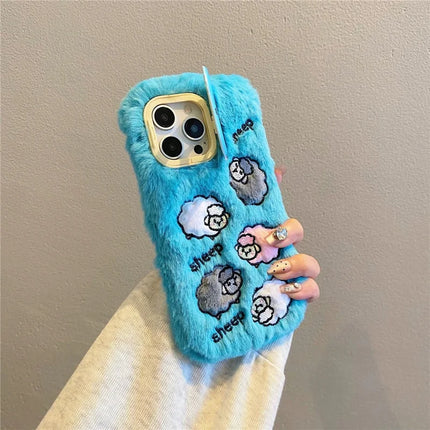 ShopCaseCart KJS-007 For iPhone 15 Pro Max Case Embroidered Sheeps Lens Kickstand TPU Plush Furry Phone Cover