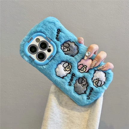 ShopCaseCart KJS-007 For iPhone 15 Pro Max Case Embroidered Sheeps Lens Kickstand TPU Plush Furry Phone Cover