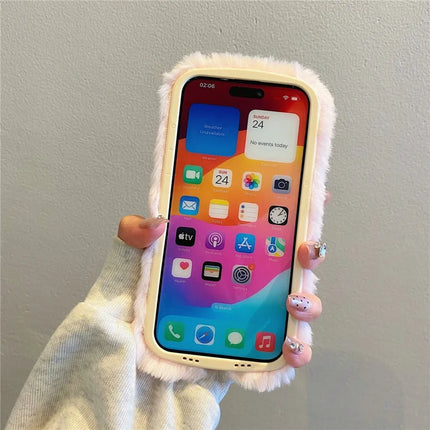 ShopCaseCart KJS-007 For iPhone 15 Pro Max Case Embroidered Sheeps Lens Kickstand TPU Plush Furry Phone Cover