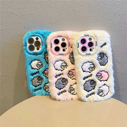 ShopCaseCart KJS-007 For iPhone 15 Pro Max Case Embroidered Sheeps Lens Kickstand TPU Plush Furry Phone Cover