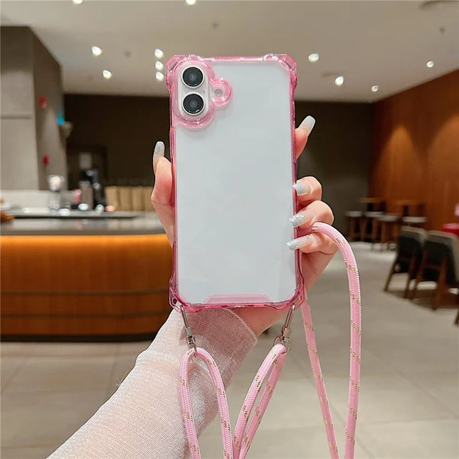 For iPhone 16 Plus Case TPU+Acrylic Clear Phone Cover with Shoulder Strap - Pink
