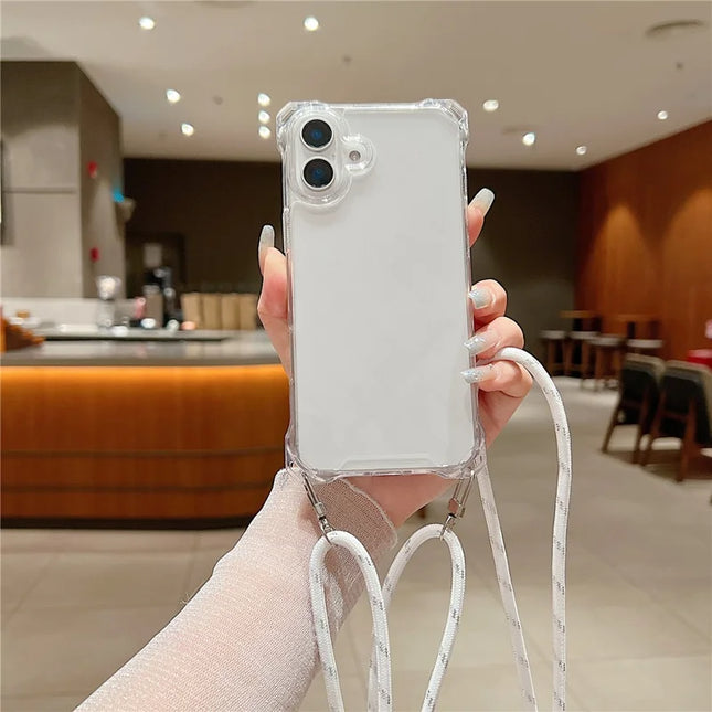 For iPhone 16 Plus Case TPU+Acrylic Clear Phone Cover with Shoulder Strap - White
