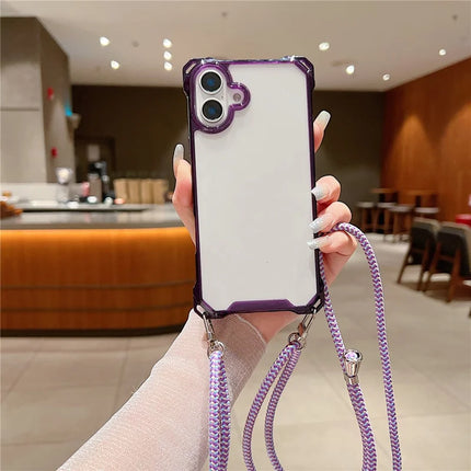 For iPhone 16 Plus Case TPU+Acrylic Clear Phone Cover with Shoulder Strap - Purple