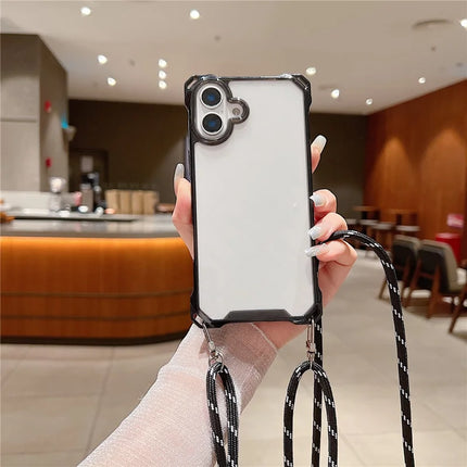 For iPhone 16 Plus Case TPU+Acrylic Clear Phone Cover with Shoulder Strap - Black