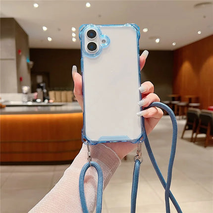 For iPhone 16 Plus Case TPU+Acrylic Clear Phone Cover with Shoulder Strap - Blue