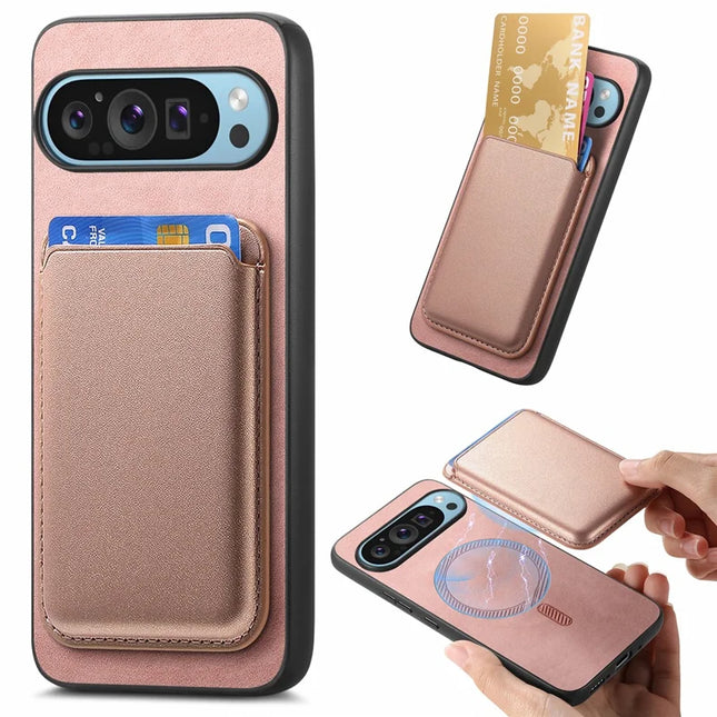 For Google Pixel 9 Pro XL Case Detachable Magnetic Card Bag Leather+TPU Phone Cover - Pink