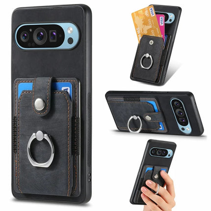 For Google Pixel 9 Pro XL Case Kickstand Leather+TPU Non-Slip Protective Cover Card Slots - Black