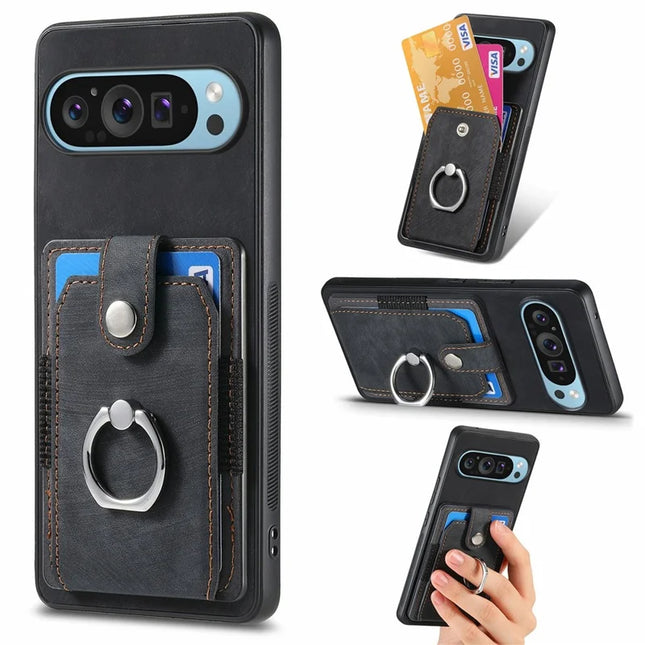 For Google Pixel 9 Pro XL Case Kickstand Leather+TPU Non-Slip Protective Cover Card Slots - Black