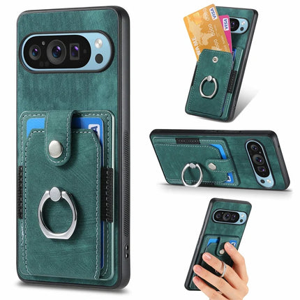 For Google Pixel 9 Pro XL Case Kickstand Leather+TPU Non-Slip Protective Cover Card Slots - Green