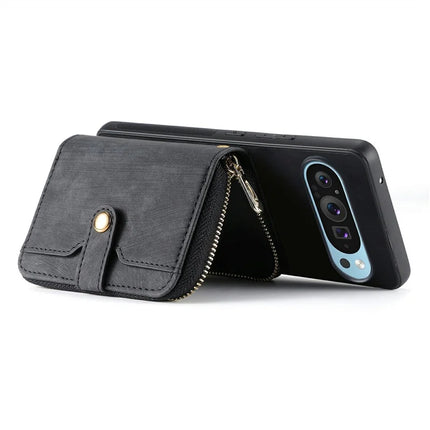 For Google Pixel 9 Pro XL Case Zipper Card Holder PU Leather Phone Back Cover with Long Strap