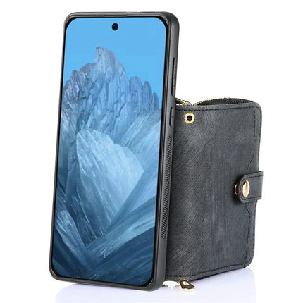 For Google Pixel 9 Pro XL Case Zipper Card Holder PU Leather Phone Back Cover with Long Strap