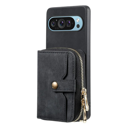 For Google Pixel 9 Pro XL Case Zipper Card Holder PU Leather Phone Back Cover with Long Strap