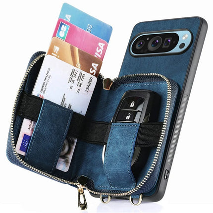 For Google Pixel 9 Pro XL Case Zipper Card Holder PU Leather Phone Back Cover with Long Strap