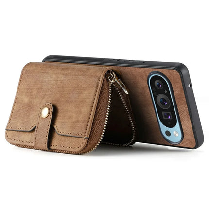 For Google Pixel 9 Pro XL Case Zipper Card Holder PU Leather Phone Back Cover with Long Strap