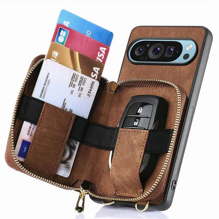 For Google Pixel 9 Pro XL Case Zipper Card Holder PU Leather Phone Back Cover with Long Strap