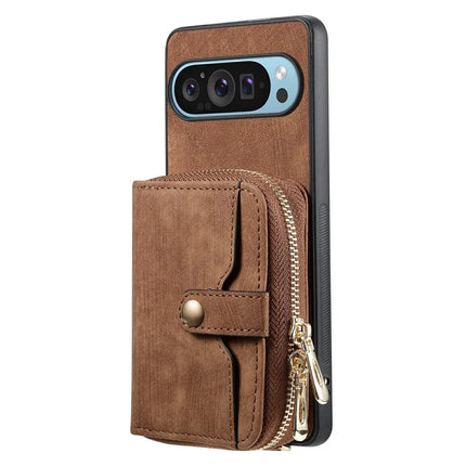For Google Pixel 9 Pro XL Case Zipper Card Holder PU Leather Phone Back Cover with Long Strap
