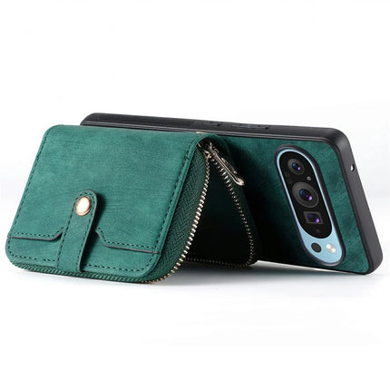 For Google Pixel 9 Pro XL Case Zipper Card Holder PU Leather Phone Back Cover with Long Strap