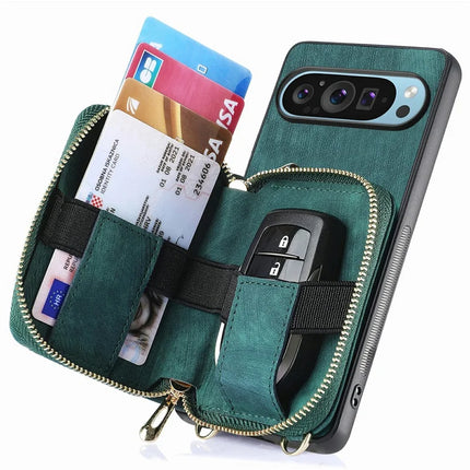 For Google Pixel 9 Pro XL Case Zipper Card Holder PU Leather Phone Back Cover with Long Strap