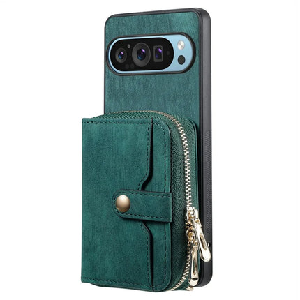 For Google Pixel 9 Pro XL Case Zipper Card Holder PU Leather Phone Back Cover with Long Strap