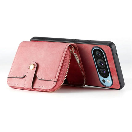 For Google Pixel 9 Pro XL Case Zipper Card Holder PU Leather Phone Back Cover with Long Strap
