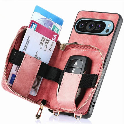 For Google Pixel 9 Pro XL Case Zipper Card Holder PU Leather Phone Back Cover with Long Strap