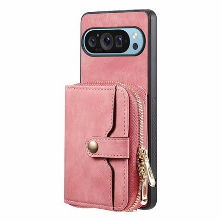 For Google Pixel 9 Pro XL Case Zipper Card Holder PU Leather Phone Back Cover with Long Strap