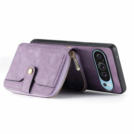 For Google Pixel 9 Pro XL Case Zipper Card Holder PU Leather Phone Back Cover with Long Strap