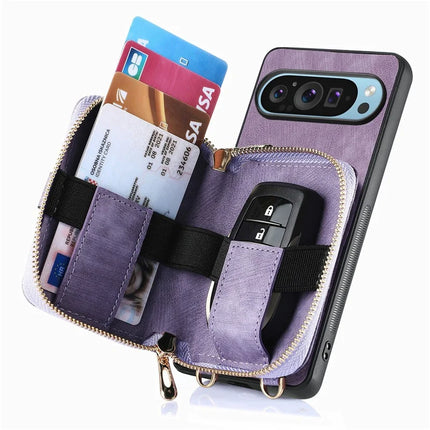 For Google Pixel 9 Pro XL Case Zipper Card Holder PU Leather Phone Back Cover with Long Strap