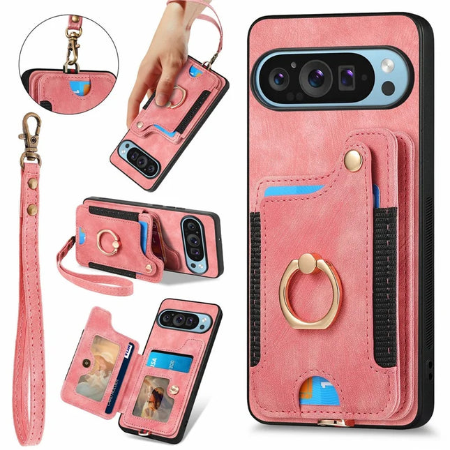 For Google Pixel 9 Pro XL Case RFID Blocking Handbag Leather+TPU Phone Cover Card Slots, Ring Holder - Pink