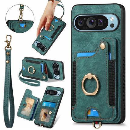 For Google Pixel 9 Pro XL Case RFID Blocking Handbag Leather+TPU Phone Cover Card Slots, Ring Holder - Green
