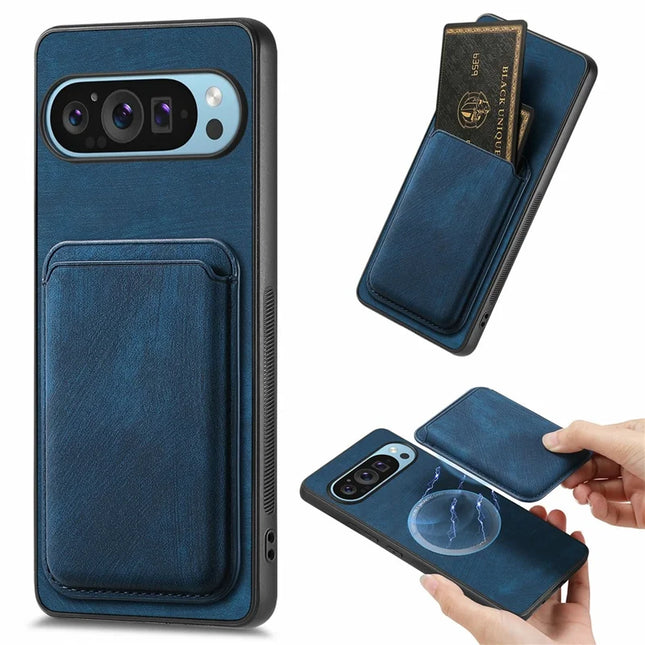For Google Pixel 9 Pro XL Case Leather+TPU Retro Phone Cover with Detachable Card Slot - Blue