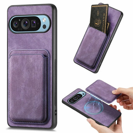 For Google Pixel 9 Pro XL Case Leather+TPU Retro Phone Cover with Detachable Card Slot - Purple