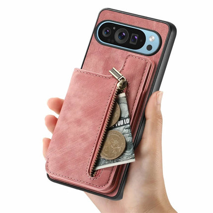 For Google Pixel 9 Pro XL Case with Card Holder Retro Leather+TPU Zipper Phone Cover