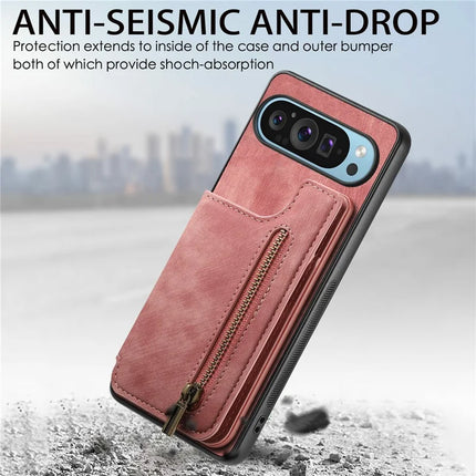 For Google Pixel 9 Pro XL Case with Card Holder Retro Leather+TPU Zipper Phone Cover