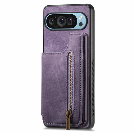 For Google Pixel 9 Pro XL Case with Card Holder Retro Leather+TPU Zipper Phone Cover